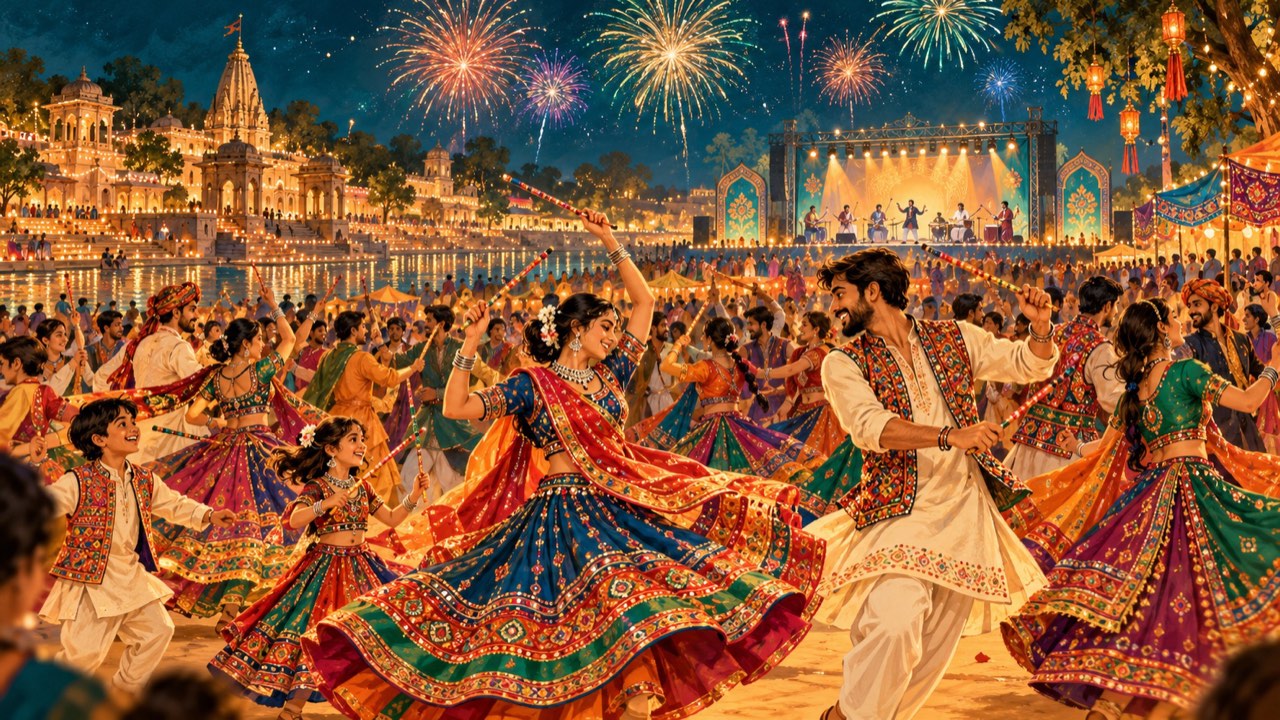 Illustration of a festive community finale with dancing and fireworks