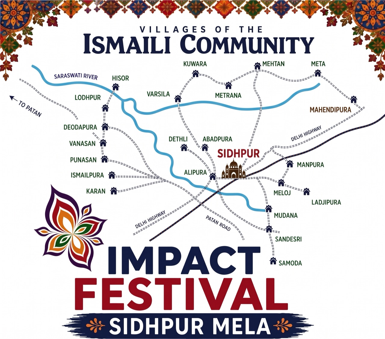 Impact Festival - Sidhpur Mela. Decorative illustrated map titled Villages of the Ismaili Community, showing Sidhpur at the center with surrounding villages, the Saraswati River, Delhi Highway and Patan Road.