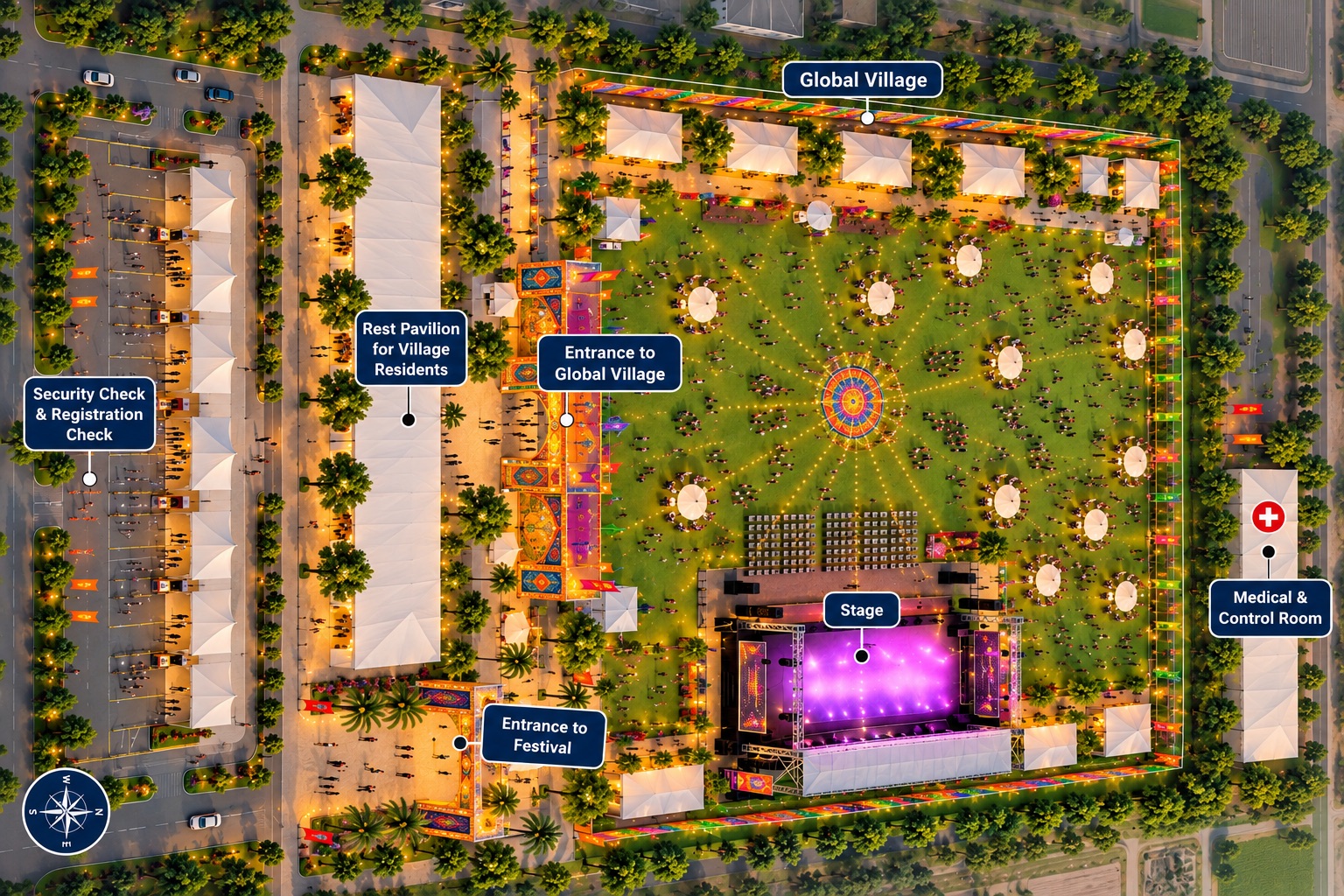 Aerial map of the Global Festival Village grounds, showing the security and registration check, rest pavilion for village residents, entrance to the festival, entrance to the Global Village, the stage, and the medical and control room.