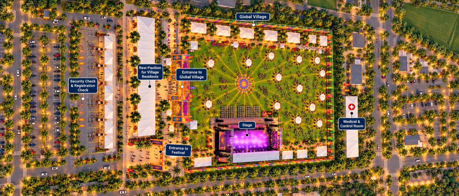 Illustrative aerial layout of the Global Festival Village grounds